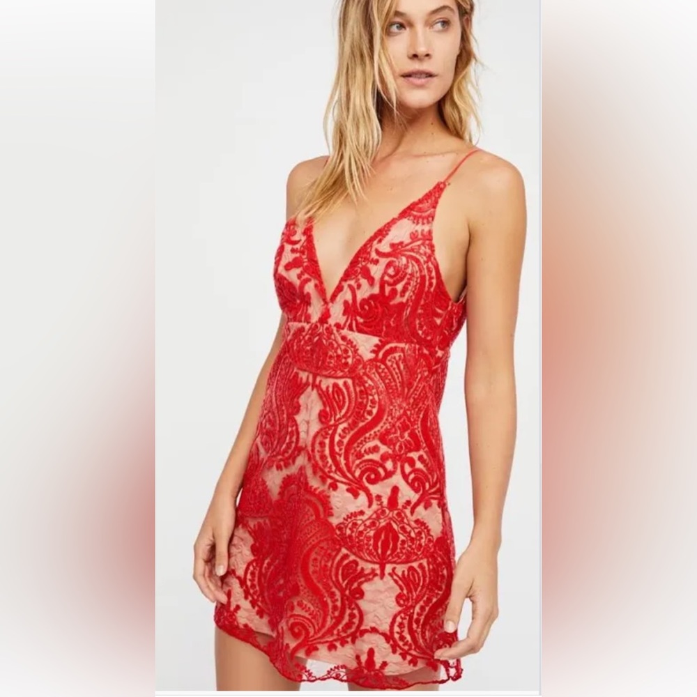 Free People spaghetti strap beaded and embroidered mini red dress. NWT